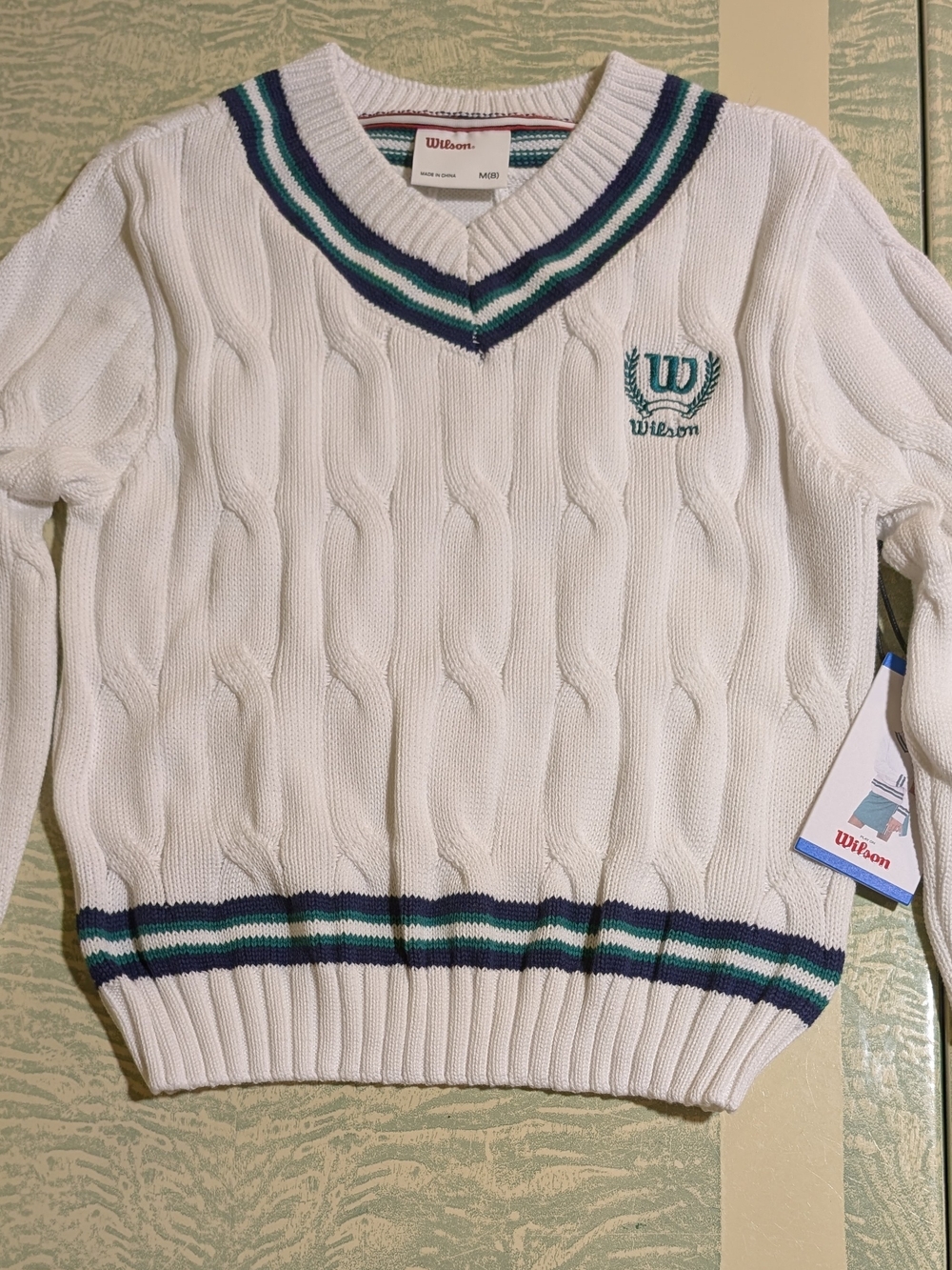 Wilson Women's White Cable-Knit V-Neck Sweater with Green & Navy Trim - Picture 1 of 7